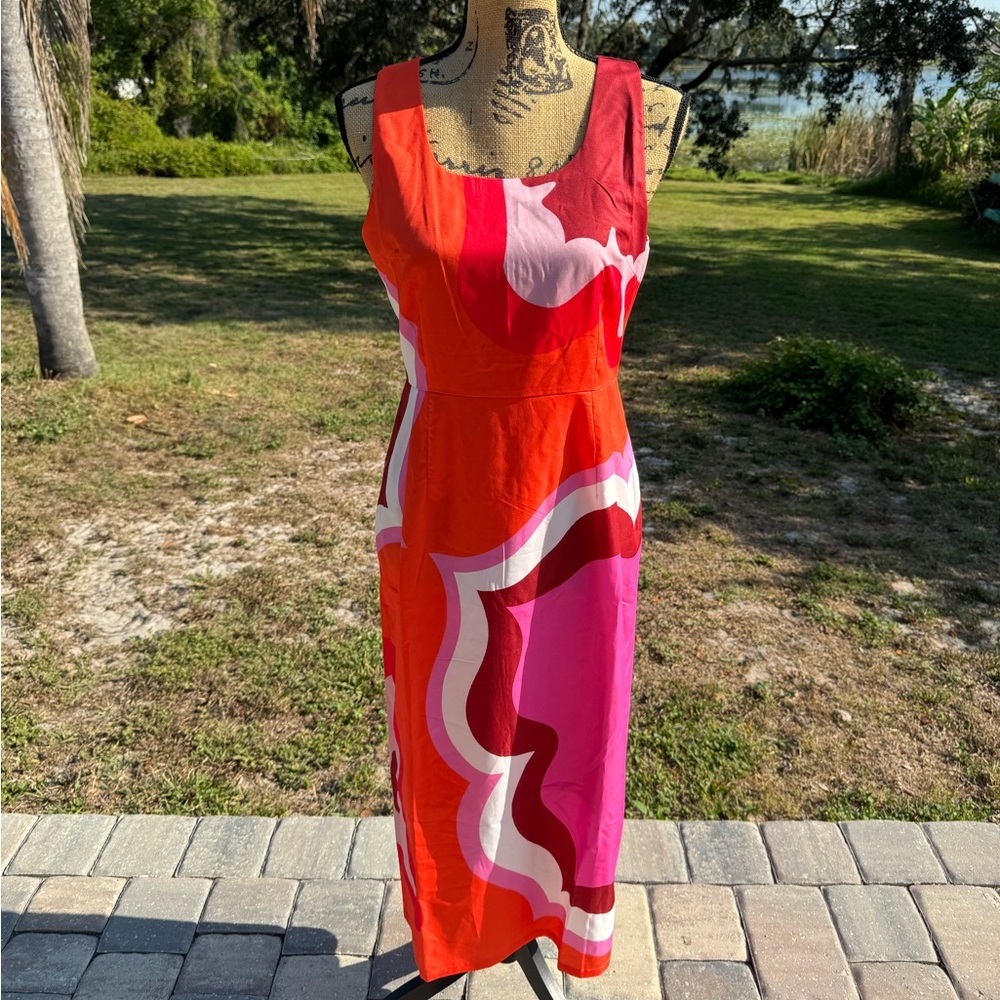 NWT WIHOLL Abstract Orange Pink White Straight Midi Dress Size Medium